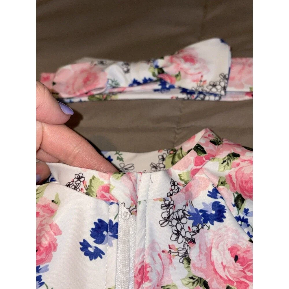 Baby Girl 12-18M Floral Long Sleeve Ruffle Swimsuit Rash Guard Headband Set
